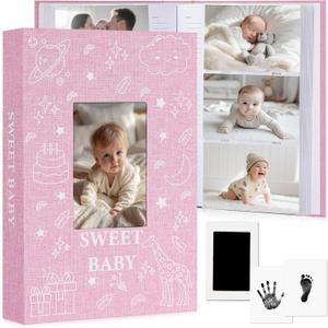 Baby Photo Album 4x6 300 Pockets with Memo Area & Hand and Footprint Kit, Linen Cover Slip-in Memory Book with Front Window, Acid-Free Keepsake for Newborn Boy Girl, First Year Moments, Pink