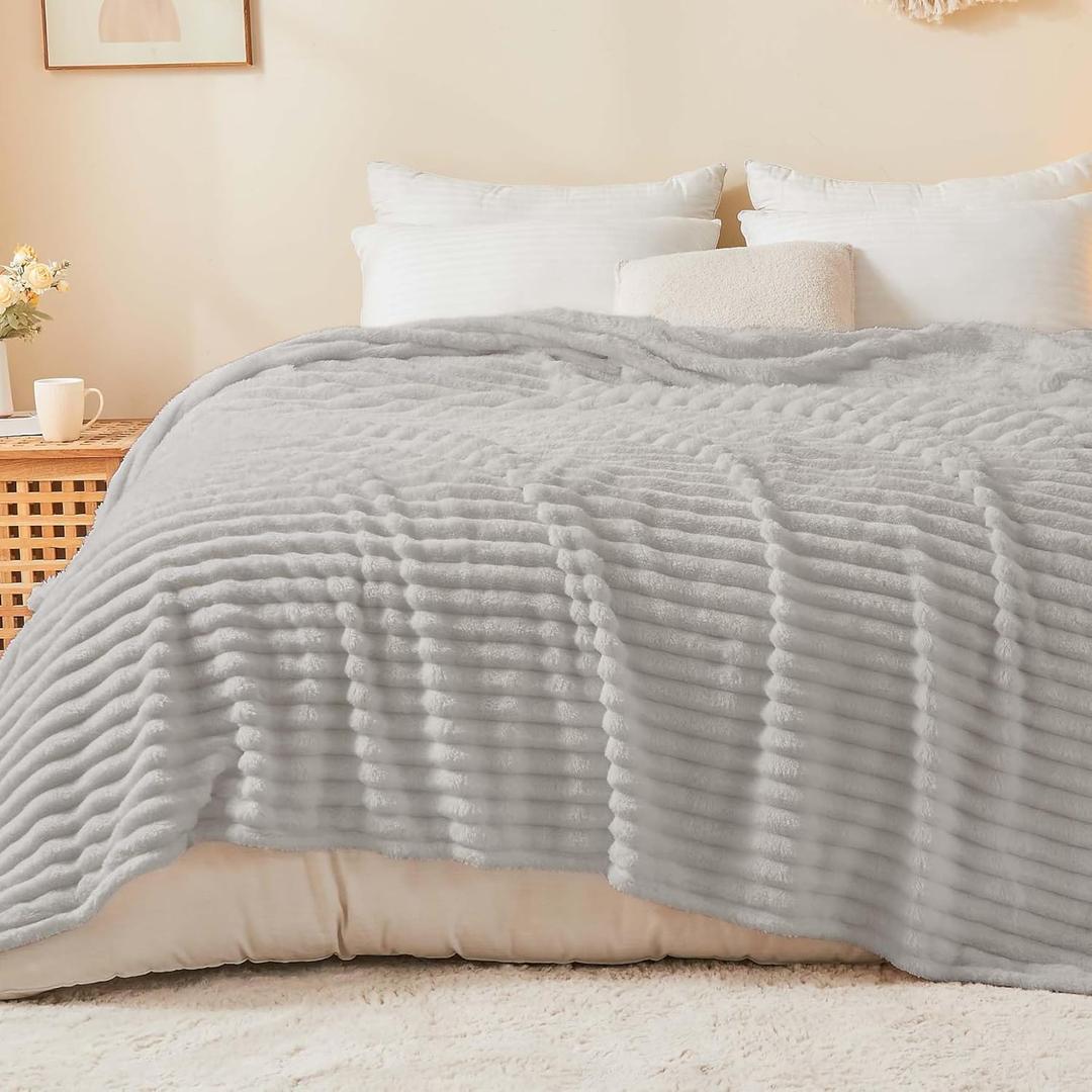 BEDELITE King Size Blanket for Bed, 300GSM Soft & Warm Fleece Blanket, Decorative and Giftable Striped Light Grey Blankets for Women, Men, 108"x90"