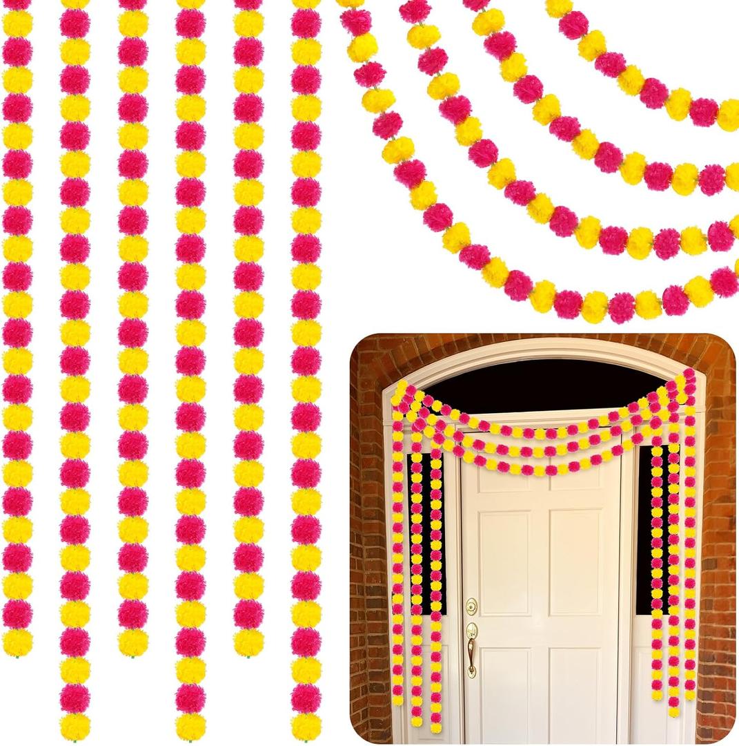 Yunsailing 10 Pcs 5 ft Marigold Garland Day of The Dead Artificial Marigold Flowers Garland for Wedding Indian Diwali Decoration, Dia De Los Muertos Decoration (Yellow and Purple)