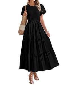 BTFBM Women Casual Summer Dresses 2025 Spring Crewneck Short Sleeve Tiered Flowy Boho Maxi Beach Vacation Dress Pockets (M, Black)
