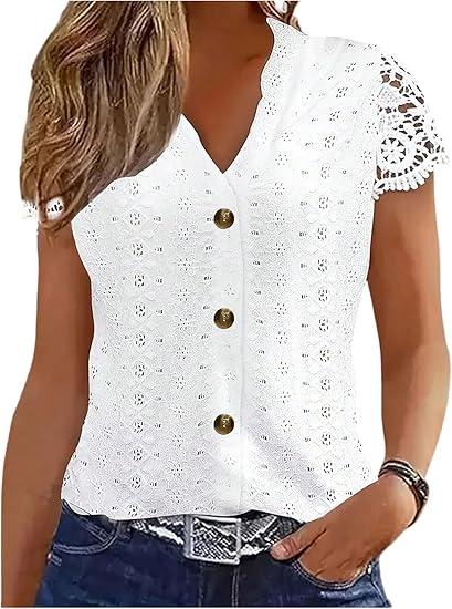 Floerns Women's Summer Blouse V Neck Lace Cap Sleeve Dressy Button Up Shirts Tops, White, L