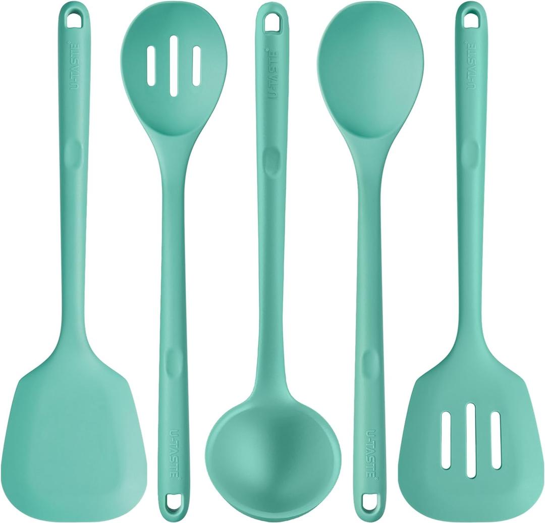 600F Heat Resistant Kitchen Utensil: U-Taste 13.6" Extra Long Silicone Cooking Tools Set, Food-Grade Non-Stick Solid and Slotted Turner Spatula, Mixing Spoon, and Soup Ladle (5 Pieces, Aqua Sky)