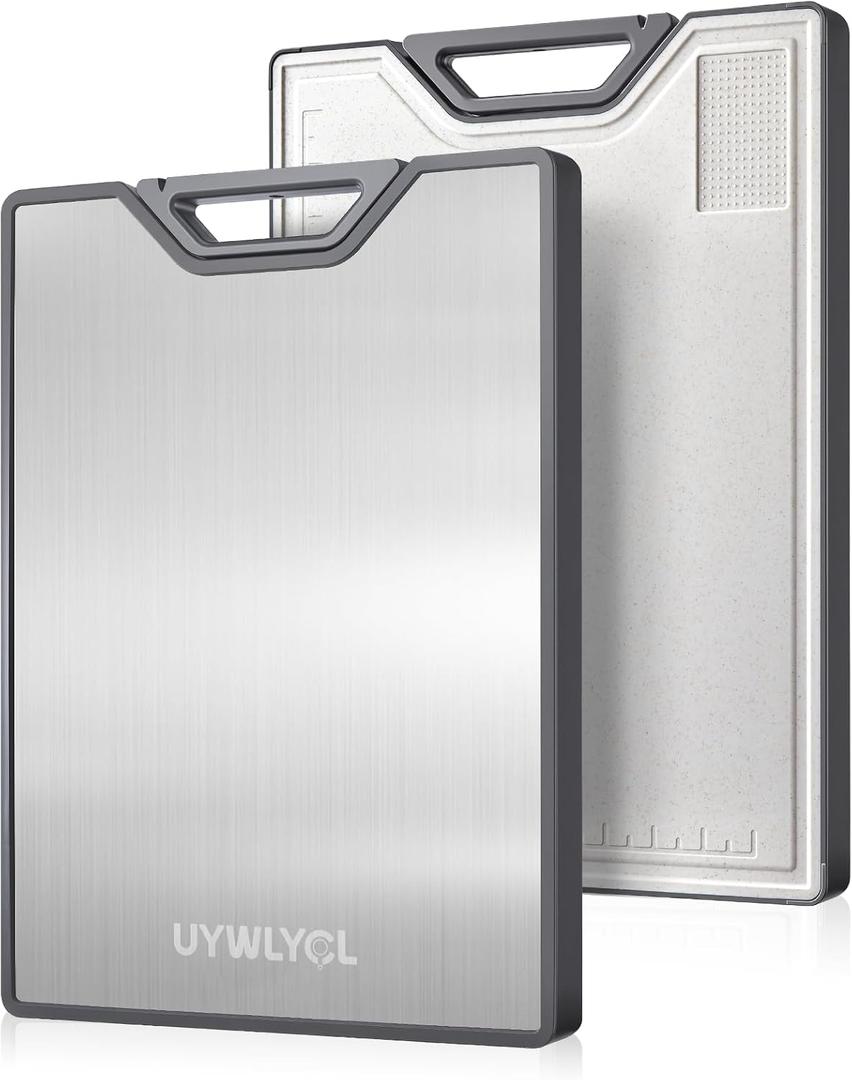 Stainless Steel Cutting Board, Double-Sided Cutting Board with Knife Sharpener, Stainless & Wheat Straw PP, Food-Grade Metal Chopping Board for kitchen, Large Size 16"x11"