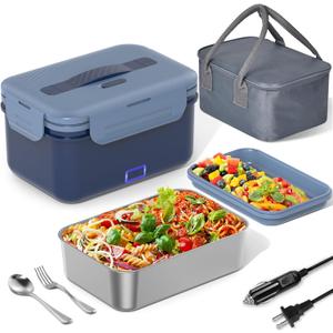 Electric Lunch Box Food Heater, 1.8L Portable Food Warmer 100W Leakproof Heated Lunch Box for Adults Car/Truck/Office with Fork Spoon Carry Bag, 12V/24V/110V
