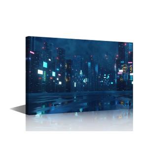 TUMOVO Wall Art Pictures for Living Room Cyberpunk City Wall Art Future Oriental Style City Paintings Prints on Canvas Home Decorations Modern Artwork Gallery-Wrapped Framed Ready to Hang 36x24 in