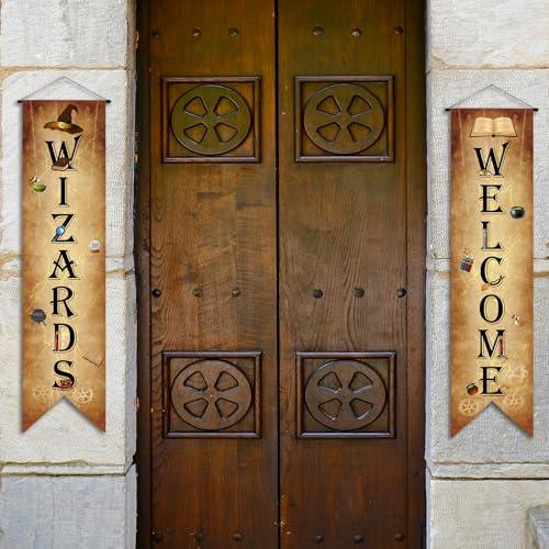 Qiyaz 2 Pcs Wizards Porch Signs Magical Wizard Banner Door Sign Sets 47.2 x 11.8 Inch Halloween Hanging Banner Decorations for House Door Backdrop Photography Birthday Party Supplies (Welcome)