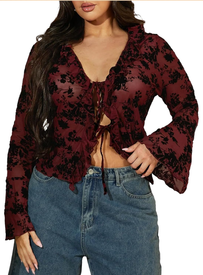 WDIRARA Women's Plus Size Floral Lace Sheer T Shirt Tie Front Long Bell Sleeve Tee Going Out Tops, 4X-Large Plus