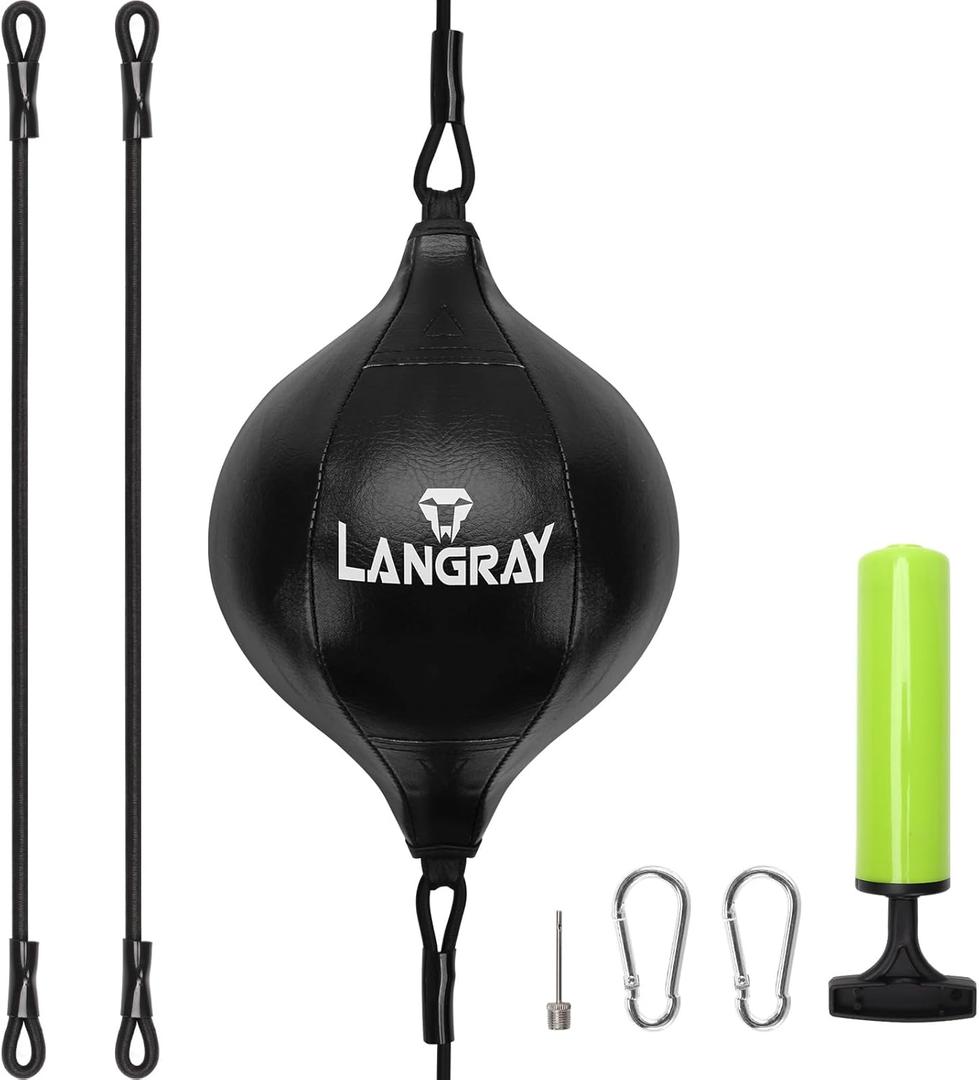 Double End Bag, Boxing Speed Bag with Adjustable Elastic Cords, PU Leather Punching Bag for Adults Kids Fitness Training (Black)