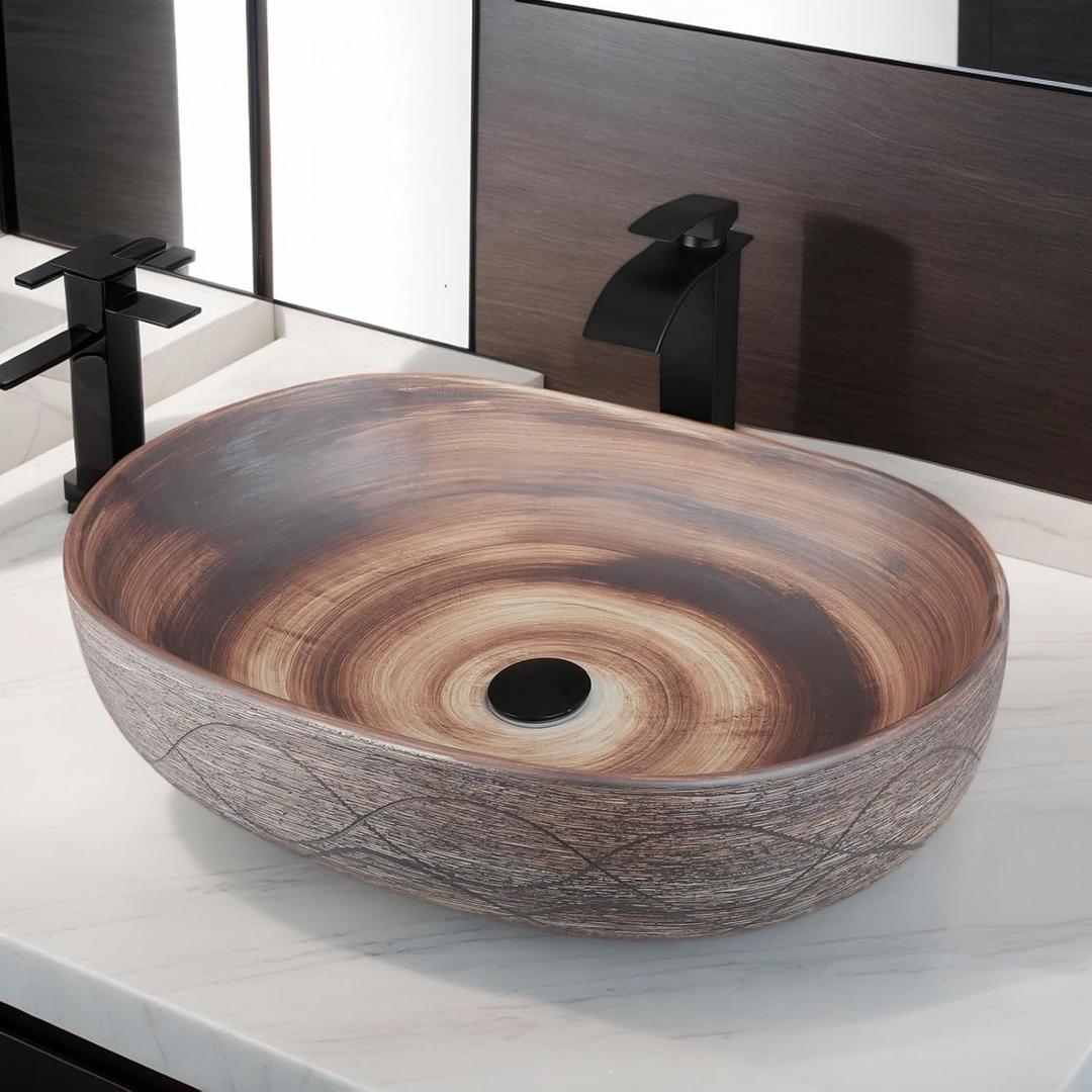 23 x 16 Bathroom Vessel Sink with Waterfall Faucet and Pop-Up Drain Combo, Oval Ceramic Vessel Sink Above Counter Brown Bathroom Sink Bowls