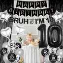 10th Birthday Decorations Balloons Boys - 28 Pcs Black Glitter Bruh I'M 10 Banner Garland Sash Foil Fringe Curtain Star Heart Number Balloons Decor For Teen 10 Year Old Bday Party Supplies