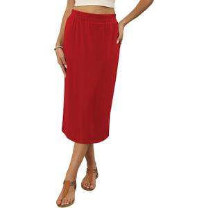 Naggoo Midi Skirts for Women Summer Elastic High Waisted Basic Straight Skirt with Slit (Red, M)