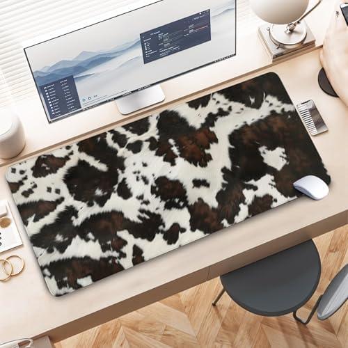 Highland Cow Print Gaming Mouse Pad, Large Mouse Pad Waterproof, Extended Desk Mousepad with Non-Slip Rubber Base Stitched Edge, Keyboard Mat for Desk Gaming Home Office, Black, 35.4" x 15.7"