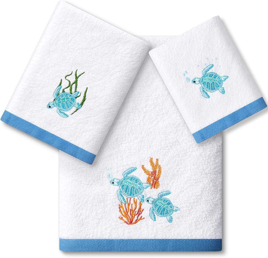 Peryiter 3 Pack Sea Turtle Coastal Bathroom Towels Set -Cotton Beach Ocean Embroidery 1 Bath Towel 1 Hand Towel 1 Wash Cloth for Kitchen Summer Decorations Housewarming Gifts