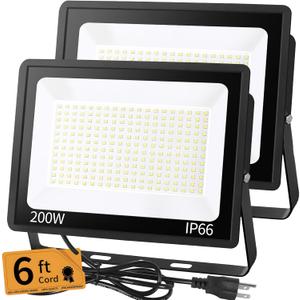 200W LED Flood Light Outdoor with 6ft Plug, 24000LM Brighter Exterior Security Lights, 5000K Daylight LED Work Light, IP66 Waterproof for Yard, Garage, Stadium, Lawn, 2 Pack