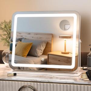 Hasipu Makeup Vanity Mirror with Lights, 18" L x 14" W LED Tabletop Make up Mirror for Desk, Lighting & Brightness Adjustment, 360°Rotation, 10x Magnification