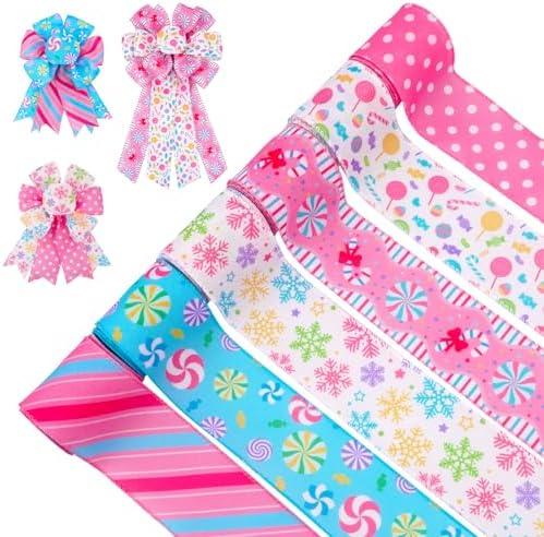 6PCS Christmas Ribbon,Pink Wired Ribbon,Xmas Fabric Craft Strip Band for Hand Craft Bow Tie Xmas Wreath Floral Gift Box Wrapping,Christmas Decorations Gifts,30 Yards