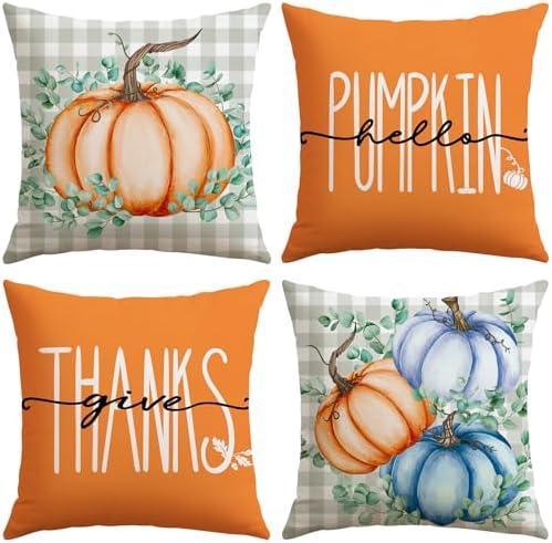 Pack of 2 Artscope Fall Decorative Throw Pillow Covers 20x20 Inch Set of 4, Hello Pumpkin Give Thanks Buffalo Plaid Outdoor Farmhouse Pillow Cases for Home Sofa Couch-Orange