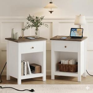 ChooChoo Farmhouse Nightstand Set of 2,Night Stand with Charging Station, Wooden Top Bedside End Table with Drawer and Storage Space for Bedroom, White