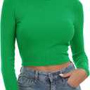 Artfish Women's Round Neck Long Sleeve Knit Ribbed Fitted Crop Top Casual Basic Shirts (Kelly Green)