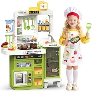 Easface Kids Kitchen Playset, 68 PCS Toddler Kitchen Playset for Toddlers 1-3 3-5, 32.2IN Play Kitchen with Spraying, Light & Sound, Cooking Stove, Play Sink, Oven and Toy Kitchen Accessories (Green)