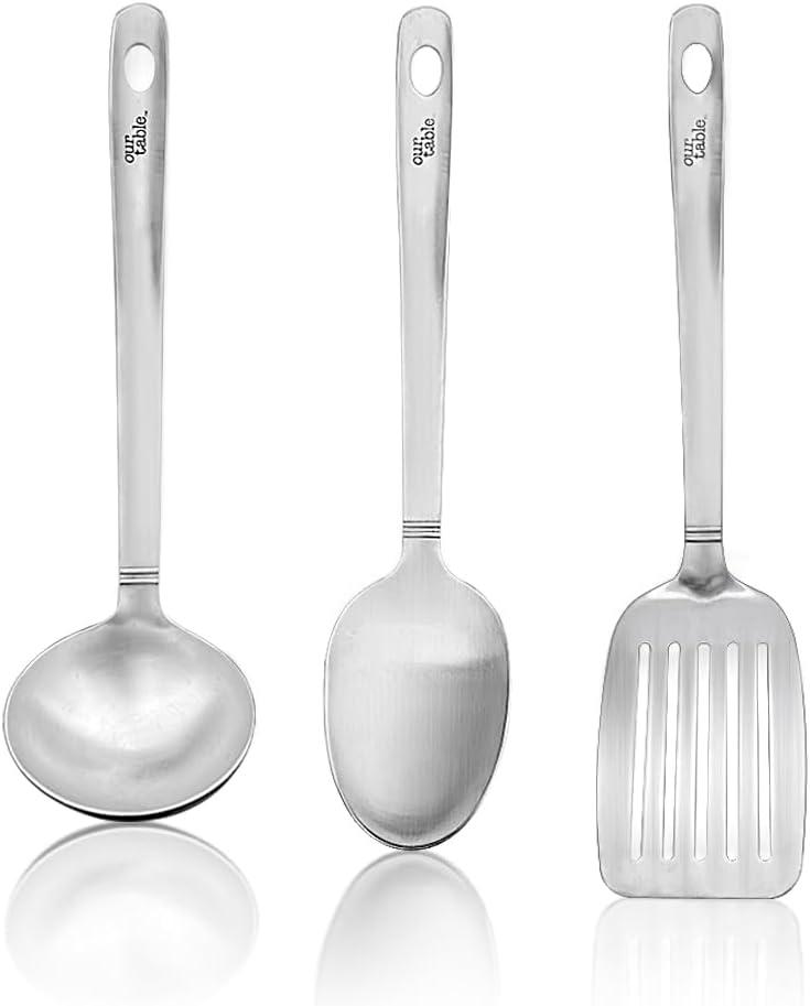 Our Table 3 Pieces Cook & Serve Stainless-Steel Utensils Set, Kitchen Soup Ladle, Cooking Spoon, Slotted Turner Spatula for Serving Your Favorite Meals
