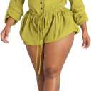 Unybwonn Women's Cargo Rompers Long Sleeve One Piece Bubble Short Jumpsuit Casual Ruched Drawstring Overalls Romper (X-Large, Yellow)