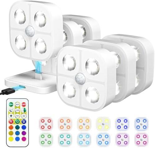 Wireless Step Light Rechargeable Puck Lights with Charging Station, RGB Motion Sensor Puck Light Under Cabinet Lighting with Remote Control, LED Closet Lights for Stair, Kitchen (6 Pcs)