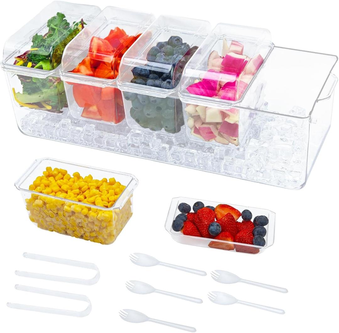 Taco Bar Serving Set for a Party, 5 Removable Compartments, Clear PP Tray, Large Ice Chilled Condiment Caddy Organizer with Components, Taco Bar Supplies for Taco/Nacho Bar, Salad, Fruits