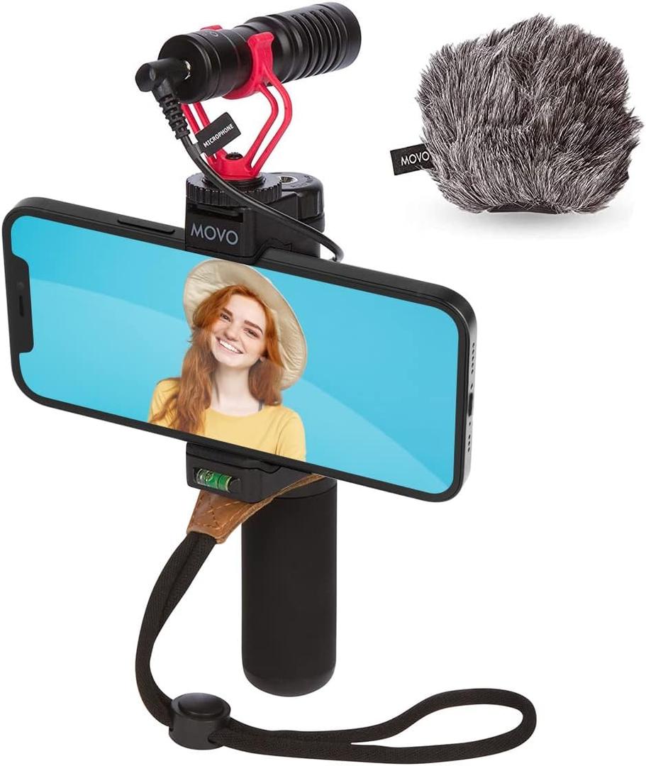 Movo Smartphone Vlogging Kit for iPhone with Shotgun Microphone, Grip Handle, Wrist Strap for iPhone and Android Smartphones for TIK Tok, Vlog, YouTube Starter Kit and Content Creator Kit