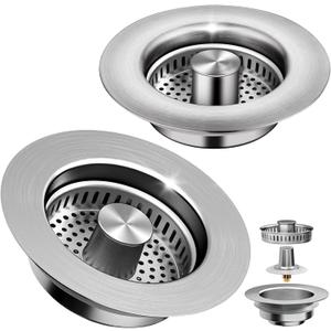 3-in-1 Kitchen Sink Drain Strainer & Sink Stopper 2 Pack - 304 Stainless Steel Sink Drain Strainer, Pop-Up Anti-Clog Design, Fits Standard 3-1/2'' Sink Drains