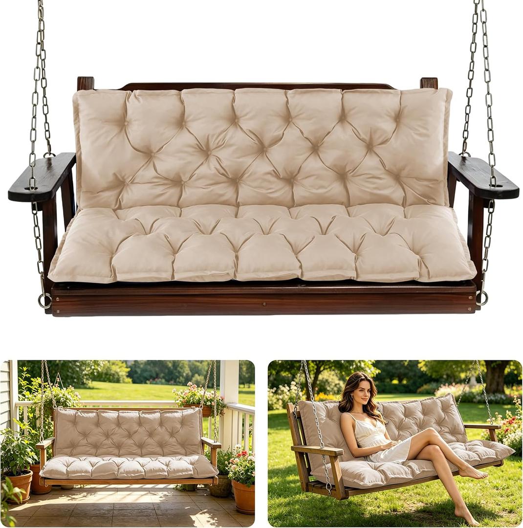 Porch Swing Cushions, 60x40 Inch Outdoor Bench Cushion, Waterproof Swing Cushions for Outdoor Furniture, 3 Seater Patio Seat Cushion with Backrest for Loveseat, Settee, Beige
