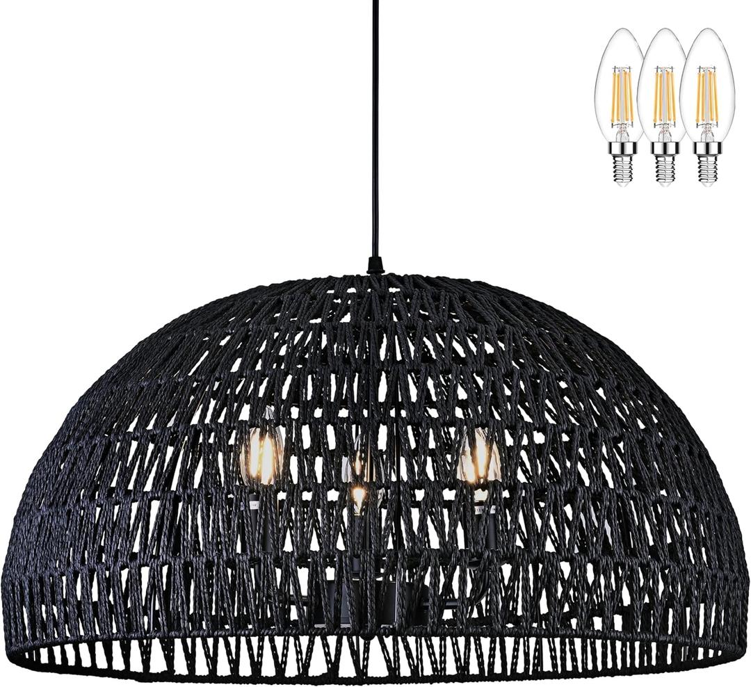 24" Black Woven Pendant Light Boho Chandelier Dome Rustic Farmhouse Chandelier Wicker Pendant Light Rattan Light Fixture for Dining Room Living Room Bedroom Kitchen Island Foyer(Bulb Incl)
