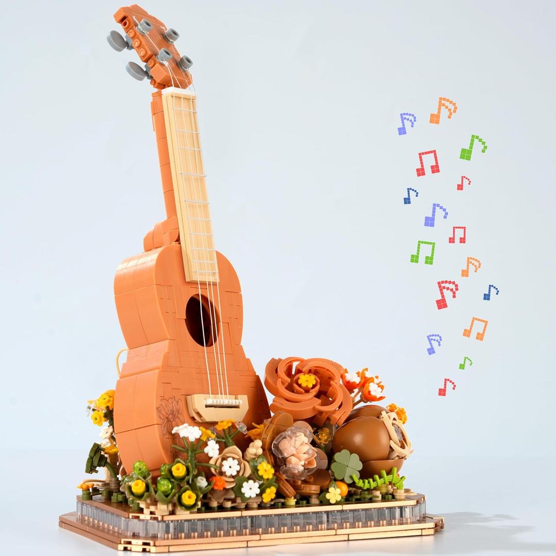 Flower Bouquet Guitar Building Blocks Set, 909PCS Music Instruments Ukulele Bricks Set, Gifts for Adults and KidsUkulele