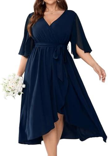 Plus Size Formal Wedding Guest Cocktail Dress for Curvy Women Flutter Sleeve Faux Wrap V Neck Midi Dresses (Size: 1X) Navy Blue