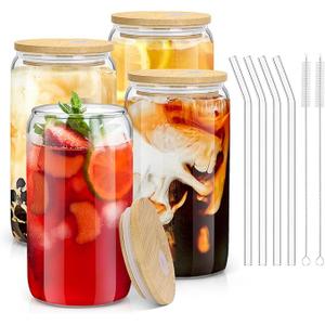 sungwoo 4PCS Glass Cups with Bamboo Lids and Straws, 16OZ Ice Coffee Cup, Drinking Cup set with Wooden Lids, Home Essential Glass Tumblers for Beer, Cocktail, Tea and Latte Clear