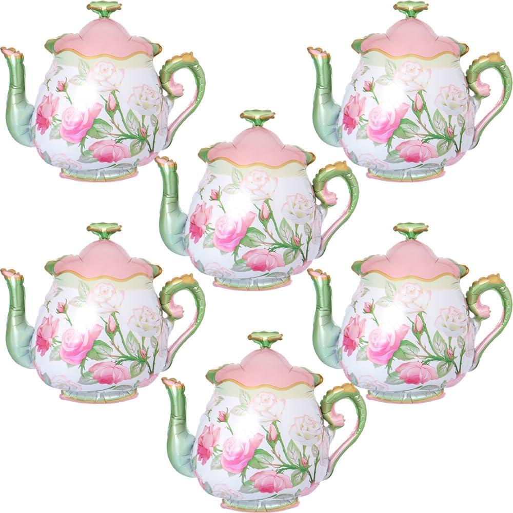 6Pcs Teapot Balloons Pink Green Lets Par-Tea Garden High Tea Alice Theme Party Foil Balloons Arch Decor Birthday Baby Shower Bridal Shower Tea for Two Party Decorations Supplies for Women Little Girls