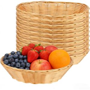 15 Pack 9 Inch Plastic Oval Bread Baskets, Wicker Bread Baskets, Yellow Food Storage Basket for Serving Vegetables, Fruit