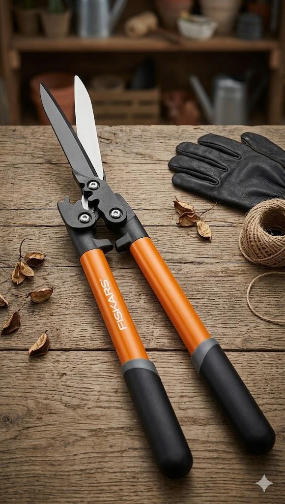 Fiskars Power-Lever Extendable Hedge Shears, Self-Sharpening Serrated Steel Blades for Clean Cuts, Handles Adjust 25"-33" for High Reach, Multiplies Leverage for 2x Power, 10" Blades, Orange/Black