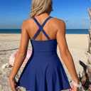 ZAFUL Women High Waisted Tummy Control Swimdress Two Piece Swimsuit Sleeveless Ruched Cute Modest Bathing Suits Beach Outfits (Blue, Large)