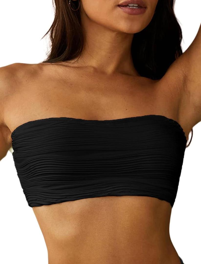 ZAFUL Women Textured Bandeau Bikini Top Lace up Strapless Swimsuit Solid Color High Cut Bathing Suits Top Only (Large, 0-black)