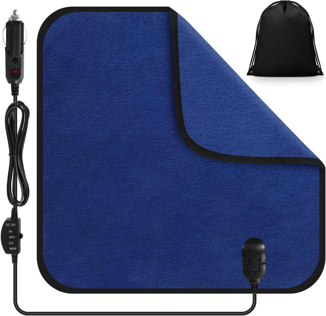 Tuanse Car Electric Blanket 12 Volt Heated Car Blanket with Temperature Controller and Black Storage Bag Cold Weather Tailgating and Emergency Kit (Navy Blue)