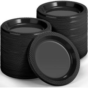 Kochorie 300-Pack Black Disposable Plastic Plates 6 Inch Round Dessert Dinner Plate Food Grade BPA Free Heavy Duty Wedding Cake Bulk for Events, Weddings, Birthdays, Graduation