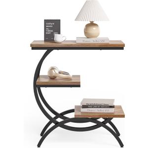 LITTLE TREE End Table, Narrow End Table with 3 Storage Shelves, Industrial C-Shaped Small Sofa Side Table for Living Room, Wood Slim Snack Table with Black Metal Frame, Oak