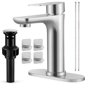 Herogo Bathroom Sink Faucet 1 or 3 Holes, Brushed Nickel Bathroom Faucet with Pop-up Drain, Hooks & Water Supply Hoses, Stainless Steel, Single Handle, for Vanity RV Farmhouse
