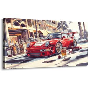 JEAWA Canvas Prints Wall Art - Red Car Canvas Wall Art, Modern Art Wall Decor for Bedroom Bathroom Dining Room Home Office, Funny Painting for Wall Decoration, 20 x 40 In