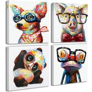 Colorful Cartoon Animal Wall Art Canvas Print Funny Cute Panda Frog Pig Pictures for Kids Bedroom Nursery Decor Artwork Framed 12''X12''X4