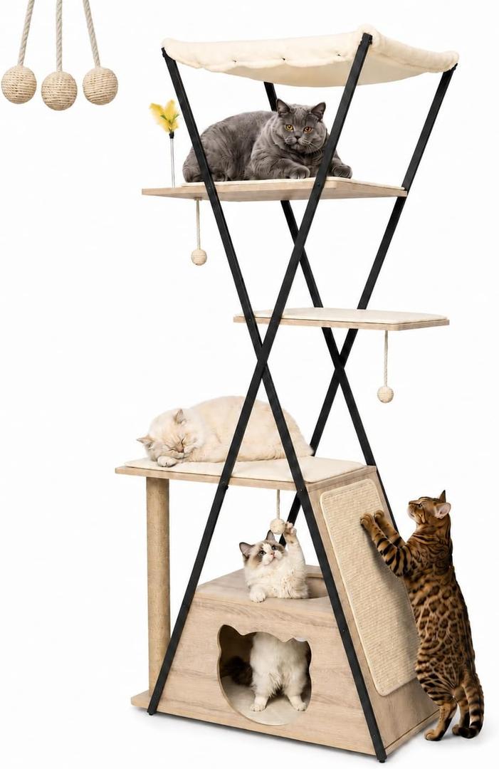 71" Modern Wood Cat Tree for Large Cats - Heavy Duty Tall Cat Tower for Indoor Cats, Multi-Level Cat Furniture with Spacious Condo, Large Perch, Scratching Posts & Hammock(Washed Grey)