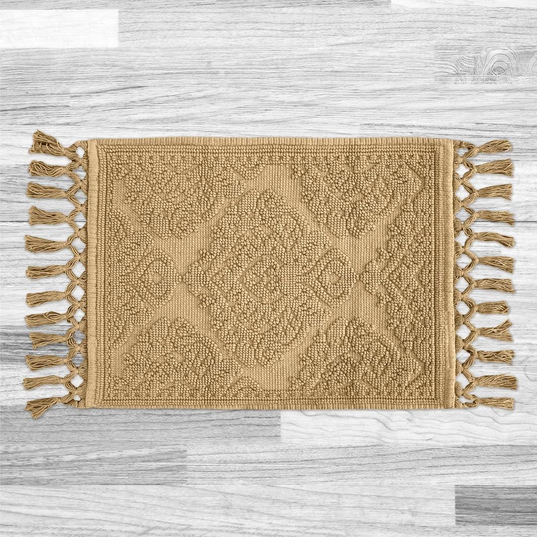 Jean Pierre - Ricardo Bath Mat, Woven Fringe Bathroom Rugs, 100% Cotton, Premium Bathroom Decor - Measures 17" x 31" - Linen