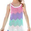Girls Crochet Bikini Cover Up Beach Swimsuit Sun Protective Pink Spaghetti Strap Mini Dress, with Sunglass, Size 4-5T