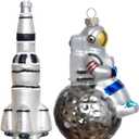 Set of 2 Hand Blown Glass Rocket Ornament and Astronaut on Moon Ornament for Christmas Tree